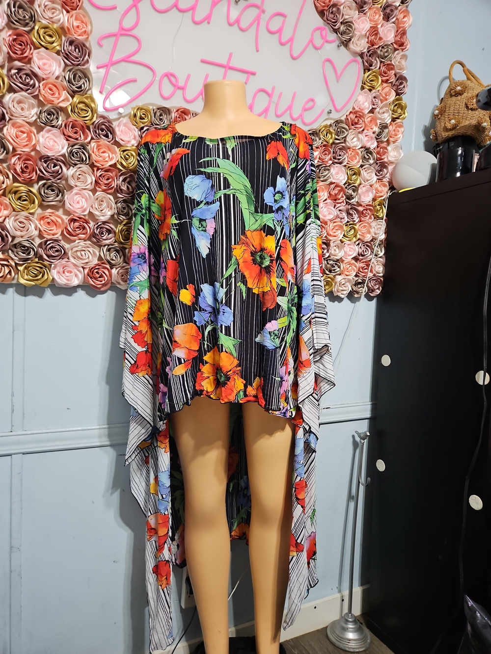 Investments Black Floral Stripe Top with Orange and Green Accents - Picture 2 of 6